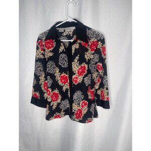 Elegant Kathy Che Womens Black Blouse With Red & Beige Floral Design Size 12